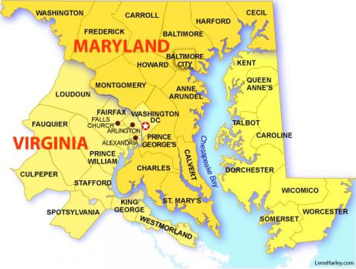 แผนที่ของแมรี่แลนด์เวอร์จิเนียและวอชิงตันดีซี
