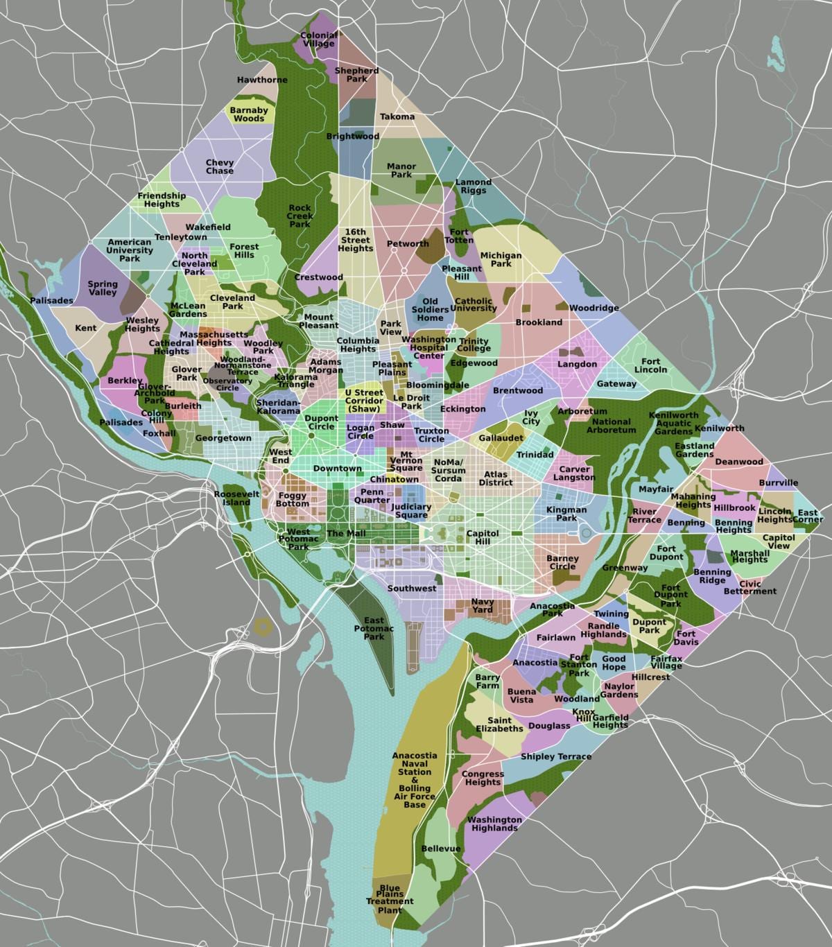 แผนที่ของวอชิงตันและพื้นที่รอบๆบริเวณ